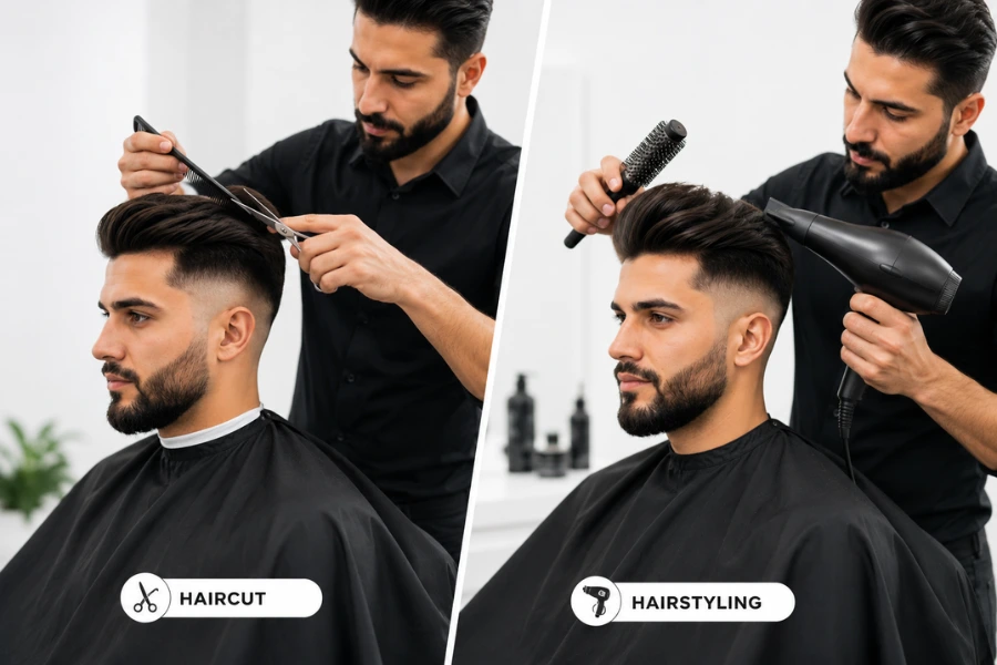 Side-by-side comparison of a professional men's haircut and hairstyling service performed by expert barbers at Roman Gents Salon in Ras Al Khaimah.