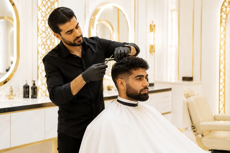 Arab customer receiving a professional men's haircut from an experienced barber at Roman Gents Salon in a modern white and gold salon.