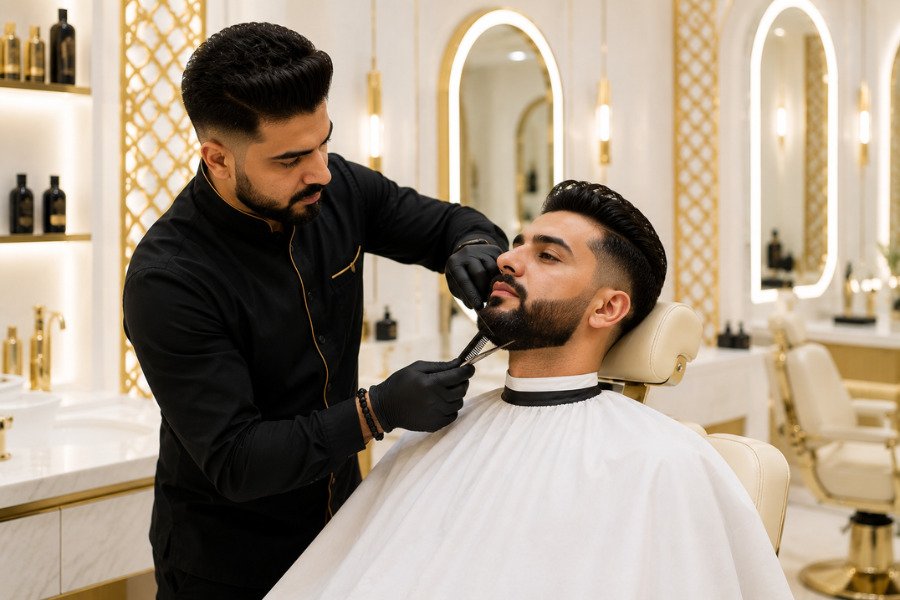 Professional barber shaping an Arab client's beard at Roman Gents Salon in a luxury white and gold gents salon in Ras Al Khaimah.