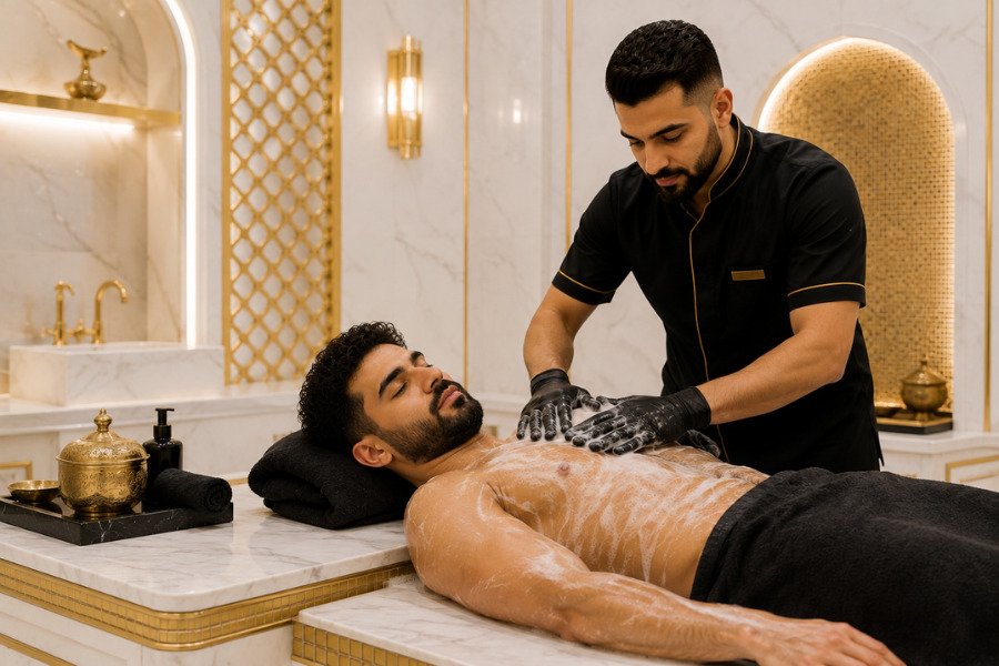 Arab man enjoying a professional Moroccan bath treatment in a luxury white and gold private treatment room at Roman Gents Salon in Ras Al Khaimah.