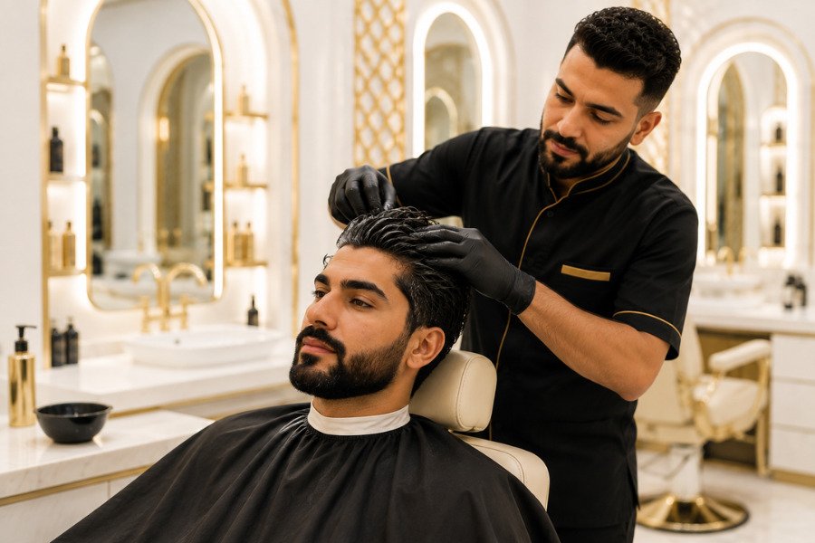 Professional barber applying a nourishing hair treatment to an Arab client at Roman Gents Salon, the best salon in Ras Al Khaimah.